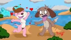 1boy 1girls animal_crossing anthro balls blush breasts digby_(animal_crossing) erection female furry lottie_(animal_crossing) male mimilinkina penis pubic_hair pussy undressing