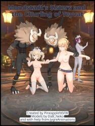 barbara_(genshin_impact) breasts genshin_impact hilichurls_(species) jean_gunnhildr naked peace_sign pine_nsfw rosaria_(genshin_impact) wink