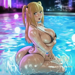 1girl ai_generated artificialfox ass bikini black_bikini blonde_hair blush breasts brown_eyes cleavage death_note lips long_hair looking_at_viewer micro_bikini misa_amane nail_polish partially_submerged pool poolside solo swimsuit thong_bikini twintails water wet