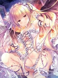 1girl :q absurdres armpits bare_shoulders blonde_hair breasts center_opening cleavage closed_mouth convenient_censoring dengeki_moeou feathered_wings frills hands_up headdress highres jewelry long_hair looking_at_viewer medium_breasts navel necklace orange_eyes original panties revealing_clothes side-tie_panties smile solo stomach string_panties takano_yuki thighs tongue tongue_out twintails underwear untied_panties very_long_hair white_panties wings