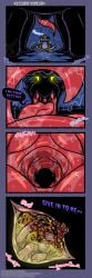 1:3 acid anthro belly black_body blizzate bodily_fluids comic cornered cramped curled_up digestion digestion_implied digestion_noises dragon dripping english_text esophagus felid feline felis feral first_person_view glowing glowing_eyes hi_res hunting inside_mouth inside_stomach inside_throat internal licking mammal mouth_shot mythological_creature mythological_scalie mythology night onomatopoeia open_mouth organs pawpads paws predator/prey saliva saliva_drip saliva_on_tongue saliva_string scalie scared scratch_the_wildcat shadow sound_effects stomach stomach_acid tail text tongue tongue_out tongue_wrap tongue_wrapped unknown_species uvula vore wet wildcat yellow_eyes