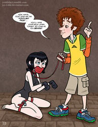 1boy 1girls belt black_hair bondage bondage_mittens bound_hands bound_legs collar deviantart english_text femsub frogtie gag gagged haha_jonathan,_you_are_banging_my_daughter hotel_transylvania human human_dog human_pet jonathan_loughran leash living_play_toy maledom mavis_dracula mouth_gag panel_gag pet_girl pet_play petgirl petplay piddlefours puppyplay slave speech_bubble taped_hands yes_i_did