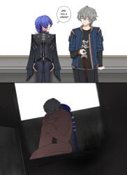 1boy 1boy1girl 1girls 2d are_you_a_virgin?_(meme) ass blue_hair cowgirl_position forced_smile grey_hair hair_over_one_eye holding hoyoverse hugging hugging_another implied_kiss implied_penetration implied_sex long_ponytail meme meme_reference mihoyo naneesan1 pouring_liquid practically_nude promeia_(zenless_zone_zero) reference romantic_sex short_hair simple_background sitting_on_bench tasteful_nudity tokyo_ghoul wise_(zenless_zone_zero) zenless_zone_zero