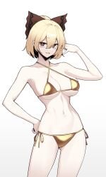 1641_(chfhrtor94) 1girl 1girls abs ass_visible_from_the_front ass_visible_through_thighs bare_legs bare_shoulders bare_thighs belly belly_button bikini blonde_hair bow bowtie bra breasts brown_bow brown_eyes brown_ribbon camel_toe cameltoe cowboy_shot female female_only gold_bikini hair_bow hair_bun hair_ribbon half-dressed half_naked hand_on_hair hand_on_hip hand_on_own_hair hand_on_own_hip looking_at_viewer medium_breasts navel panties ribbon side-tie_bikini side-tie_bikini_bottom side-tie_panties smile smile_at_viewer smiley_face sole_female solo standing swimsuit swimwear teeth teeth_showing thighs tied_hair touhou unusual_pupils vagina vagina_visible_through_clothing vagina_visible_through_panties vaginal yamame_kurodani