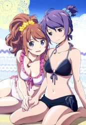 10s 2girls absurd_res bikini breasts brown_hair classroom_crisis cleavage highres kanzaki_hiro legs medium_breasts multiple_girls non-web_source nyantype official_art purple_eyes purple_hair sera_mizuki_(classroom_crisis) shirasaki_iris short_hair small_breasts swimsuit