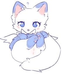 2025 blue_body blue_eyes blue_fur blush blush_stickers butt clitoral_hood digital_drawing_(artwork) digital_media_(artwork) domestic_cat feet felid feline felis female female_feral feral flat_colors fluffy fluffy_tail front_view fur genitals hindpaw innie_vulva kirichiiii legs_up looking_at_viewer lying mammal multicolored_body multicolored_fur on_back paws presenting presenting_hindquarters presenting_vulva quadruped question_mark simple_background solo tail two_tone_body two_tone_fur vulva white_background white_body white_fur wings