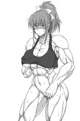 1girls abs breasts buchou_chinke cleavage female female_only king_of_fighters large_breasts leona_heidern monochrome muscles muscular muscular_female ponytail snk solo sweat thong