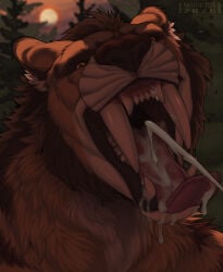 2026 anthro artist_name black_sclera bodily_fluids colored cum cum_drip cum_drool cum_in_mouth cum_inside cum_on_tongue cumshot cumshot_in_mouth dated detailed detailed_fur digital_drawing_(artwork) digital_media_(artwork) dripping ejaculation fangs felid female fluffy forest forest_background fur genital_fluids gums head_tuft headshot_portrait hi_res inner_ear_fluff large_fangs leaf mammal mouth_shot open_mouth orange_eyes outside plant portrait prehistoric_species rayliicious saber-toothed_tiger shaded shadow solo sun sunset teeth text tongue tora_(mjodvitnir) tree tuft watermark