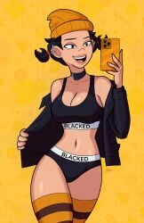 1girls ai_assisted ai_generated ashley_spinelli beanie black_hair blacked blacked_clothing breasts choker cleavage disney earring edit grok hat jacket jumpdriiver large_breasts open_mouth panties phone piercing recess selfie short_hair solo sports_bra thighhighs twintails