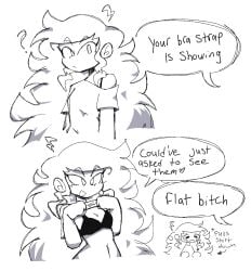 1girls artist_request bra_strap english_text flat_chest flat_chested lifting_own_shirt lifting_shirt long_hair presenting_bra question_mark solo speaking speech_bubble talking text