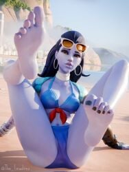 1girls 3d 3d_(artwork) alternate_version_available amelie_lacroix barefoot beach beach_background blender blizzard_entertainment bra cote_d'azur_widowmaker dark_blue_hair earrings feet feet_up female female_focus female_only french french_female hi_res high_resolution highres lewdrex looking_at_viewer overwatch panties ponytail presenting purple_body purple_skin showing_off sitting smile smiling soles submissive_female sunglasses watermark widowmaker yellow_eyes
