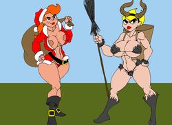 2girls aged_up angry areola areola_slip bag bare_shoulders belt big_breasts black_eyes blonde_hair boots bracelet breasts busty caglioro3666 cartoon_network christmas christmas_outfit cleavage coat curvy detailed_background duo erect_nipple erect_nipples female female_only freckles front_view grown_up hairband hand_on_hips hands_on_hip hands_on_hips hat holding_object horns hourglass_figure human lipstick long_hair looking_at_viewer makeup mandy_(billy_and_mandy) midriff mindy_(tgaobam) multiple_females multiple_girls nipple_bulge no_nose older open_coat orange_hair panties ponytail pose posing red_lipstick red_panties santa_costume santa_hat short_hair shorts skimpy the_grim_adventures_of_billy_and_mandy thong tied_hair underboob underwear voluptuous wide_hips yellow_hair