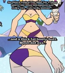 1girl 1girls ass belly belly_button bikini blonde blonde_female blonde_hair butt cleavage curvy dumptruck_ass female female_only gameoverse glitch_productions meme miss_information_(gameoverse) official official_art official_style pale_skin pale_skinned_female ponytail purple_eyes screencap screenshot tied_hair white_skin youtube
