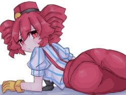 1girls 2d 2d_(artwork) ass ass_focus back back_view blouse blush blush_lines blushing blushing_female clothed clothed_female clothing embarrassed embarrassed_female english_text fangs female female_only gloves hat high-waist_pants high_waisted_pants japanese_text kasane_teto kasane_teto_(sv) leaning leaning_forward looking_at_viewer looking_back lying lying_on_floor lying_on_stomach mesmerizer_(vocaloid) mesmerizer_teto motion_lines mv_character necktie oerba_yun_fang open_mouth pants pantylines petite petite_body petite_female presenting presenting_ass presenting_hindquarters red_eyes red_hair shirt simple_background skinny skinny_female slim_girl slim_waist solo solo_female spreading spreading_ass steam steaming_body striped_shirt suspenders sweat sweatdrop sweating sweating_profusely synthesizer_v text thighs tremble_spikes trembling tukemono6500 twin_drills utau white_background