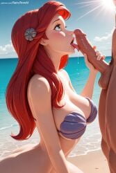 1boy 1girl ai_generated ariel beach bikini blue_eyes blue_sky blush breasts cleavage cloud cum day disney erection fellatio flower from_side hair_flower hair_ornament hetero hi_res high_quality high_resolution large_breasts long_hair nude ocean oral outdoors patreon penis profile red_hair saliva seductive sexy sky solo_focus spicytoonai swimsuit testicles uncensored veins water watermark