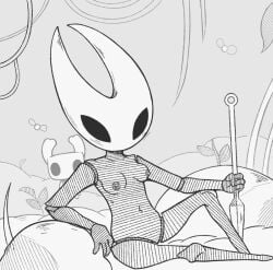 background fixed_version hollow_knight hollow_knight:_silksong hornet_(hollow_knight) monochrome salchipapaasada sitting slim the_knight_(hollow_knight) weapon