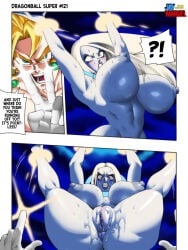 1boy 1girls 2026 angel arms_bound big_breasts blonde blonde-haired_male blonde_hair blue-skinned_female blue_skin bound bound_legs comic comic_page dialogue dragon_ball dragon_ball_super dragon_ball_z english_text fusion fusion_character hi_res high_resolution highres huge_breasts imminent_penetration jay-marvel large_breasts legs_bound legs_spread light-skinned_male light_skin nervous potara_earrings potara_fusion scared super_saiyan text thick_thighs vados vegito wet_pussy white_hair