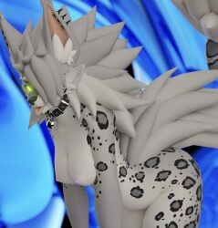 anthro bell bent_over big_butt black_sclera blender_(artwork) blender_cycles_(artwork) breasts butt canid collar digital_media_(artwork) dragon fangs felid female fluffy glowing glowing_eyes green_body hair hair_over_eye hi_res hiddenonez hybrid inner_ear_fluff leopard_spots looking_at_viewer mammal mythological_creature mythological_scalie mythology nipple_piercing nipples novabeast nude pantherine piercing pink_nipples sabertooth_(anatomy) scalie snow_leopard solo spots teeth thick_thighs tongue tongue_out tuft