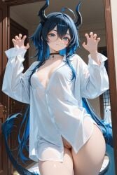 ai_generated black_hair blue_eyes blue_hair claw_pose dragon_girl girl horns original oversized_shirt showing_pussy tail