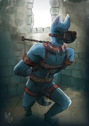 absurd_res anthro bat bdsm belt bodily_fluids bondage bound chain chained chained_to_wall collar collarful cuffs_(object) cum dungeon erection genital_fluids genitals hands_behind_back harness hi_res leaking_cum leaking_precum leather leather_harness male mammal muzzle_(object) penis precum solo straps