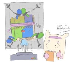arms_tied battle_for_dream_island bdsm bfdi blindfold blush bondage book_(bfdi) chains clipboard cuffs dildo dildo_in_pussy fucking_machine legs_tied moaning object_shows pencil pillow_(bfdi) researcher spread_eagle tears