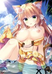1girl absurdres animal_ear_fluff animal_ears arm_at_side arm_ribbon ass_visible_through_thighs bare_shoulders bikini bikini_pull bikini_top_pull black_ribbon blue_sky blush braid breasts breasts_apart brown_hair cat_ears cat_girl cat_tail clothes_pull cloud collarbone day eyes_visible_through_hair floral_print flower frilled_bikini frills green_eyes hair_between_eyes hair_flower hair_ornament hair_ribbon hand_up highres knee_up large_breasts leg_ribbon long_hair navel neko-nin_exheart nipples open_mouth orange_bikini outdoors palm_leaf pink_flower ribbon saiga_himari side_braid sidelighting sidelocks sitting sky smile solo summer sunlight swimsuit tail takano_yuki very_long_hair water wet white_ribbon yellow_flower