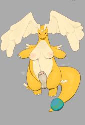2026 3_fingers absurd_res ankle_tuft areola arm_tuft balls big_breasts big_penis big_wings blush bodily_fluids breasts claws darkened_balls darkened_genitalia darkened_penis eyes_closed feral fingers flying generation_9_pokemon genital_fluids genitals grey_background gynomorph head_wings hi_res horn intersex leg_tuft lighter_belly mega_dragonite mega_evolution nintendo nipples orange_body orange_skin orange_tail penis pink_areola pink_nipples pokemon pokemon_(species) precum precum_on_penis precum_squirt shoulder_tuft simple_background snout solo solterv steamy_penis tail tail_orb thick_tail tuft unusual_wing_placement white_claws wings yellow_horn yellow_wings
