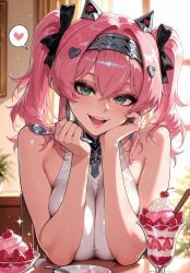 1girl 2026 :d ai_generated anime bangs bare_shoulders black_bow black_hairband blush boobs bow breasts breasts_on_table cherry cleavage crossover eye_contact female female_focus flushed food fruit green_eyes hair_accessory hair_between_eyes hair_bow hair_ornament hairband heart highres holding holding_spoon huge_breasts ice_cream indoors inside large_breasts long_hair looking_at_viewer lupa_(wuthering_waves) moaning nsfw open_mouth parfait patreon pigtails pink_hair rognezart sleeveless smile smiling solo spoken_heart spoon strawberry sundae table teeth twintails upper_body very_long_hair wuthering_waves