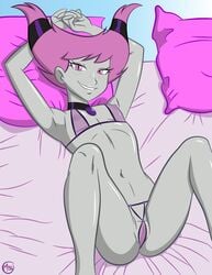 1girls bed bedroom bra breast collar dc dc_comics female female_only grey_skin jinx_(dc) megasweet naked nipples on_back on_bed pillows pink_hair pussy see-through smiling spread_legs teen_titans underwear