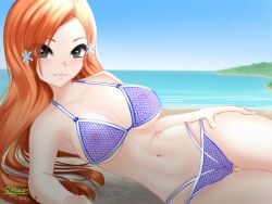 beach bikini bleach blue_eyes female inoue_orihime jay156 lying_on_side outdoors red_hair solo