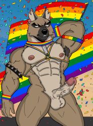 2025 abs anthro armband armpit_hair balls barbell_piercing body_hair bracelet brown_body brown_fur brutus_(pixie_and_brutus) canid canine canis collar domestic_dog erection fur fur_markings genitals german_shepherd glans herding_dog hi_res humanoid_genitalia humanoid_penis ivan_the_artist jewelry lgbt_pride lgbt_pride_month male mammal markings multicolored_body multicolored_fur muscular nipple_barbell nipple_piercing nipples nude pastoral_dog pecs penis piercing pride_colors rainbow_flag rainbow_pride_flag rainbow_symbol scar solo spiked_armband spikes vein veiny_penis