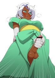 1boy 2020 balls bangs bar_censor blue_eyes blush breath censored crossdressing dark-skinned_femboy dark-skinned_male dark_skin dress earrings elbow_gloves eyebrows_visible_through_hair femboy from_below gloves gundam hair_between_eyes hair_bun head_chain heavy_breathing highres hokuro_ryuuseigun human jewelry laura_rolla loran_cehack male male_focus male_masturbation male_only masturbation open_mouth parted_bangs precum puffy_nipples short_hair simple_background solo solo_male spread_legs stomach sweat testicles trap trembling turn_a_gundam white_background white_gloves white_hair