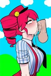 1boy 1girls ahe_gao ai_generated blouse blowjob blowjob_face blush blush_lines blushing blushing_female breasts clothed clothed_female clothing cum cum_drip cum_in_mouth cum_inside cum_on_breasts cum_overflow deepthroat deepthroat_no_hands disembodied_penis eyelashes fellatio female hat high-waist_pants high_waisted_pants kasane_teto kasane_teto_(sv) looking_pleasured male medium_breasts mesmerizer_(vocaloid) mesmerizer_teto necktie oral oral_penetration oral_sex overflowing_cum penis petite petite_body petite_female red_eyes red_hair shirt side_view simple_background skinny skinny_female slim_girl slim_waist straight striped_shirt suspenders synthesizer_v temtemai throat_bulge throat_fuck twin_drills utau