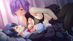 black_hair bra breasts cleavage clothed clothed_sex clothing female fingering gloves gouji_sakura green_eyes hatsujou_switch kirihari_megumu open_shirt pantyhose purple_eyes purple_hair short_hair skirt smile sweat yuri