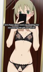 ai_generated ash_blonde_hair blushing cellphone crotchless crotchless_panties embarrassed female_only green_eyes holding_cellphone holding_object innie_pussy lonelylady maka_albarn mirror mirror_selfie pubic_hair see-through_bra selfie sending_nudes small_breasts soul_eater