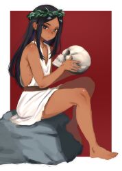 1boy bare_shoulders black_eyes black_hair blush dark-skinned_femboy dark-skinned_male dark-skinned_twink dark_skin dress femboy girly god-emperor_of_mankind holding_object long_hair looking_at_viewer male sitting solo_male thick_thighs thighs warhammer_40k zanegoodell