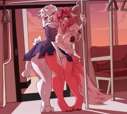 anthro areola big_breasts big_butt big_tail black_areola bovid breast_grab breasts butt canid canine caprine clare_lersen digitigrade duo female female/female forced fox fur goat grope groping_from_behind hair hand_on_breast hand_on_vulva heart_eyes heart_symbol hi_res horn mammal open_mouth pink_body pink_fur pink_hair public public_exposure public_nudity questionable_consent raccoonto tail thick_thighs toriel_(undertale) train translucent vehicle white_body white_fur