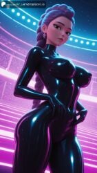 ai_generated aiuniverse56 black_bodysuit bodysuit braid brown_eyes bubble_ass bubble_butt cameltoe covered_navel covered_nipples dutch_angle earrings from_below glutes huntrix kpop_demon_hunters medium_breasts midriff purple_hair rumi_(kpop_demon_hunters) single_braid stable_diffusion thick_legs wide_hips