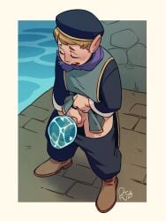 3:4 absurd_res ambiguous_gender balls beret bestiality big_ears blonde_hair bodily_fluids bottomwear bottomwear_down brown_clothing brown_footwear brown_shoes clothed clothing clothing_lift delicious_in_dungeon duo elemental_creature feral feral_penetrated footwear genital_fluids genitals gnome hair hat headgear headwear hi_res holding_penis holm_(delicious_in_dungeon) holm_kranom humanoid humanoid_pointy_ears looking_pleasured male masturbation not_furry oversized_clothing pants pants_down partially_clothed peeing peeing_inside peeing_into_water penetration penile penile_masturbation penis pointy_ears pubes purple_scarf robe scarf shirt shirt_lift shoes stone_floor stone_wall topwear tunic undine urine wall_(structure) wasongo water water_creature water_spirit watersports