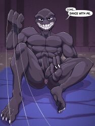 absurd_res anus balls bedroom_eyes dungeon erection feet foreskin genitals grin grinnsly_(mina_the_hollower) hi_res humanoid looking_at_viewer male mina_the_hollower mistakenpotatoes monster narrowed_eyes not_furry nude penis presenting presenting_anus presenting_balls rug seductive smile solo string yacht_club_games