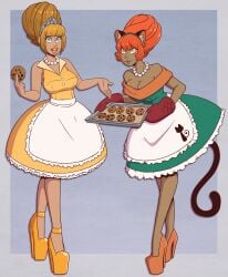 apron big_breasts blonde_hair cat_girl cookies dress feminization femsub high_heels housewife orange_hair red_hair stepfordization wrenzephyr2 yellow_hair