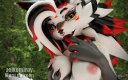 3d_(artwork) anthro big_breasts breast_grab breasts collar digital_media_(artwork) dragon female female_anthro fluffy genitals hand_on_breast hi_res huge_breasts mythological_creature mythological_scalie mythology nipples novabeast nude scalie seductive solo teeth tongue tongue_out zeiko_miray_(character) zeikomiray