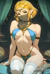 1boy 1girl ai_generated astro blonde_female blonde_hair cutesexyrobutts_(style) ecchi fingering fingering_partner fingering_pussy gerudo_outfit gerudo_veil green_eyes harem_outfit high_elf hylian hylian_ears looking_at_viewer medium_breasts navel serious_look sexy sexy_clothing sexy_pose sitting_down uncensored zelda_(tears_of_the_kingdom)