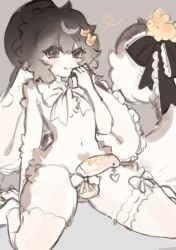 2025 anthro balls bent_leg big_ears blush bottomless bottomless_male bow_ribbon clothed clothing digital_media_(artwork) ears_down erection femboy fluffy fluffy_tail fur genital_piercing genitals hair hat headgear headwear hi_res lagomorph legwear leporid liquid male male_anthro mammal midriff navel nude_male penis penis_piercing piercing pivoted_ears presenting rabbit rudy_(katsucoffee) sitting smile solo tail three-quarter_view white_body white_fur wings xamely