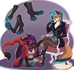 4_arms 4_toes anthro canid canine claws clothing cobywong digitigrade duo feet female female/female foot_fetish foot_lick fox hi_res legwear licking mammal multi_arm multi_limb pantyhose pawpads paws stockings toes tongue weck