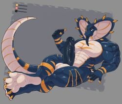 4_toes 5_fingers abs anthro balls big_balls big_penis blue_body blue_eyes blue_penis blue_tongue cobra feet fingers genitals gold_(metal) gold_tooth golden_claws grey_background hi_res humanoid_genitalia humanoid_penis long_tail looking_at_viewer lying_on_ground male markings meebeehyena muscular on_ground pecs penis reptile scalie simple_background snake solo tail toes tongue tongue_out vein veiny_penis white_body yellow_body