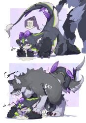 after_anal after_sex anal anal_penetration anthro ass_up blush blush_lines bodily_fluids canid canine canis cheek_tuft claws countershading cum cum_drool cum_in_ass cum_inflation cum_inside cum_on_ground cum_through cum_while_penetrated cumshot doggystyle duo ear_markings ejaculation emanata entwined_tails eyebrows facial_markings facial_tuft finger_claws from_behind_position genital_fluids gloves_(marking) green_markings grey_body head_markings heart_eyebrows hi_res horn inflation leg_markings looking_aside male male/male mammal markings nude open_mouth penetration penile penile_penetration penis_in_ass purple_blush purple_claws purple_eyes purple_horn sex sigule socks_(marking) solo_focus spiked_tail spikes spikes_(anatomy) tail tail_coil toe_claws tuft white_body white_countershading white_inner_ear wolf