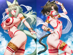 2girls ai_generated arknights ass blush body_paint breast_size_difference brown_hair cat_ears cat_girl cat_tail green_eyes green_hair harmonie_(arknights) large_breasts long_hair mandragora_(arknights) nipples short_hair small_breasts thick_thighs yellow_eyes