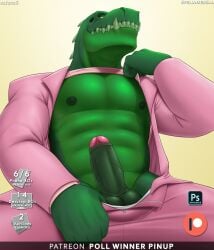 2026 anthro balls biped bottomwear clothing clothing_pull digital_drawing_(artwork) digital_media_(artwork) dinosaur erection foreskin genitals glans green_body hi_res humanoid_genitalia humanoid_penis looking_at_viewer low-angle_view male male_anthro muscular muscular_anthro muscular_male nipples pants patreon patreon_logo penis pink_clothing pinup pose prehistoric_species reptile saurischian scalie solo spelunker_sal suit suit_jacket sweetalker_(dispatch) tagme teeth theropod tyrannosaurid tyrannosauroid tyrannosaurus tyrannosaurus_rex vein veiny_penis yellow_eyes