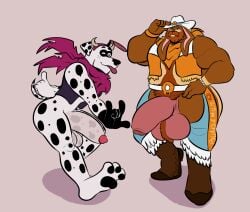 3_toes anthro balls beard big_balls big_butt big_penis body_hair bottomless bottomless_male butt canid canine canis chaps clothed clothing cowboy_hat cowboy_outfit dallas_(bibby_ad) dalmatian danny_(zackdadawg) dessert devil_horns_(gesture) domestic_dog doughnut duo facial_hair fake_horns feet flaccid food genitals gesture hairy_balls hand_gesture hat headgear headwear hi_res huge_balls huge_penis kerchief lagomorph leporid looking_at_viewer male mammal mature_male musclegut muscular one_eye_closed pastry pawpads penis rabbit scarf smile thick_thighs toes tongue tongue_out topwear vest wink winking_at_viewer zackdadawg